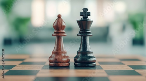 Two chess pieces (king and queen) touching on a board, surrounded by a neutral background of an empty, modern office, peaceful ambiance, 3D render, close-up shot.