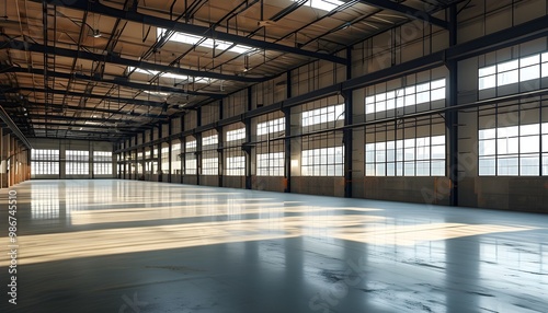 Spacious industrial warehouse bathed in natural light showcasing large windows and exposed beams