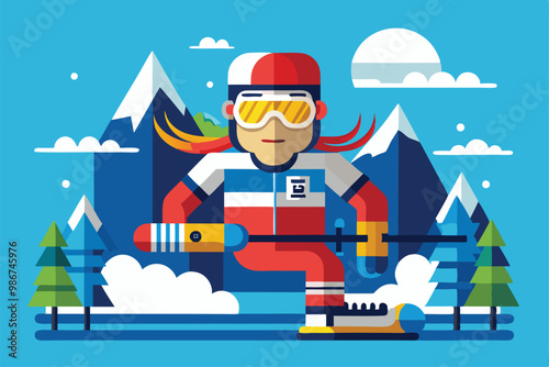 A para alpine skier in vibrant attire speeds down a snowy slope surrounded by majestic mountains, Customizable flat illustration for para alpine skiing.