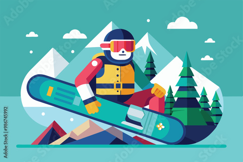 A snowboarder prepares on the slopes surrounded by mountains and evergreen trees in a winter setting, Customizable flat illustration for para snowboarding