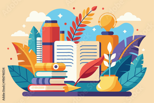 A vibrant illustration showcases books, leaves, and writing tools, creating a poetic atmosphere filled with inspiration, Customizable flat illustration for poetry.