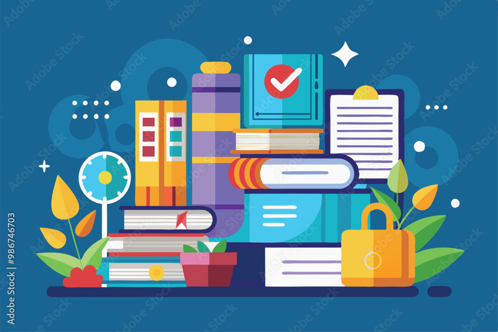 A colorful flat illustration displays a diverse reading list with books, a clipboard, and potted plants, Customizable flat illustration for reading list. A colorful flat illustration displays a diverse reading list with books, a clipboard, and potted plants, Customizable flat illustration for reading list.