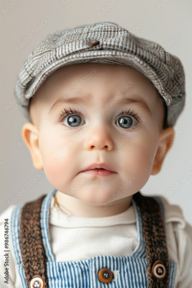 Infant boy with a stylish cap and suspenders, giving a charming look towards the camera in a studio Infant boy with a stylish cap and suspenders, giving a charming look towards the camera in a studio