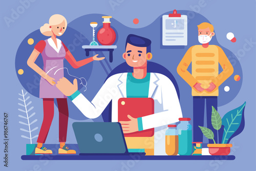 Healthcare professionals engage with patients in a rheumatology setting, demonstrating treatment methods, Customizable flat illustration for rheumatology.