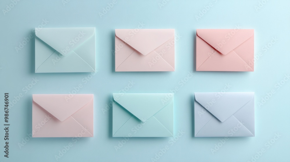 Set of blank envelopes in various pastel tones, arranged on a pastel blue background, modern and minimalistic. Set of blank envelopes in various pastel tones, arranged on a pastel blue background, modern and minimalistic.