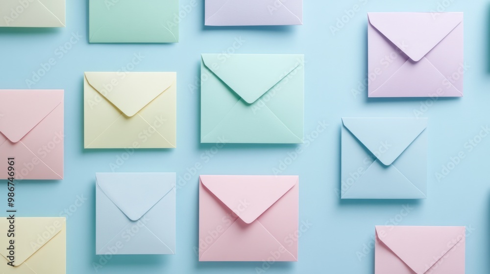 Set of blank envelopes in various pastel tones, arranged on a pastel blue background, modern and minimalistic. Set of blank envelopes in various pastel tones, arranged on a pastel blue background, modern and minimalistic.