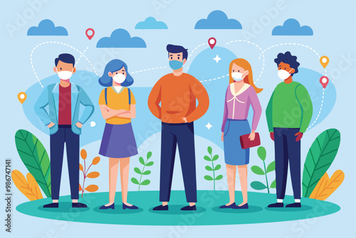 A group of individuals wears masks while observing social distancing in a vibrant outdoor setting, Customizable flat illustration for social distancing.