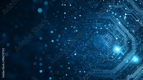 Abstract background with digital blue technology and futuristic elements. The composition includes various tech symbols like glowing lines, icons of circuit board or computer chips, and white holograp photo