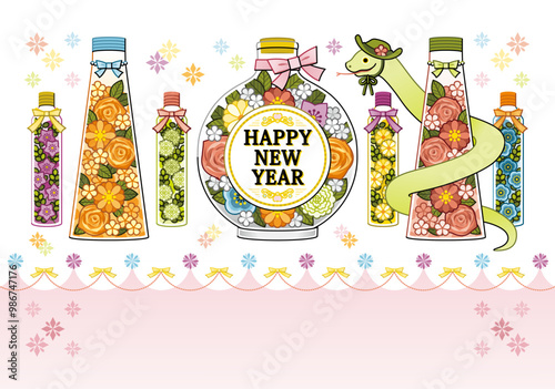 巳年イラスト年賀状デザイン「華やかハーバリウム」HAPPY NEW YEAR
（Year of the snake illustration new year's card greeting post card design material colorful herbarium）