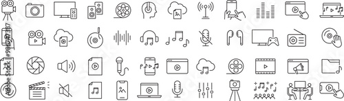 ベクターでモノクロのマルチメディアの線画アイコンセット