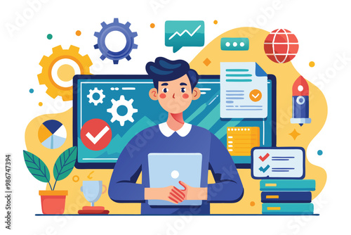 A software tester uses a laptop in a workspace filled with analysis tools and project elements, Customizable flat illustration for software tester.