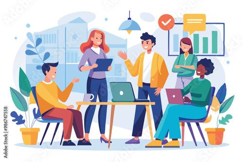 A diverse team collaborates during a standup meeting in an office, discussing ideas and reviewing progress, Customizable flat illustration for standup meeting.