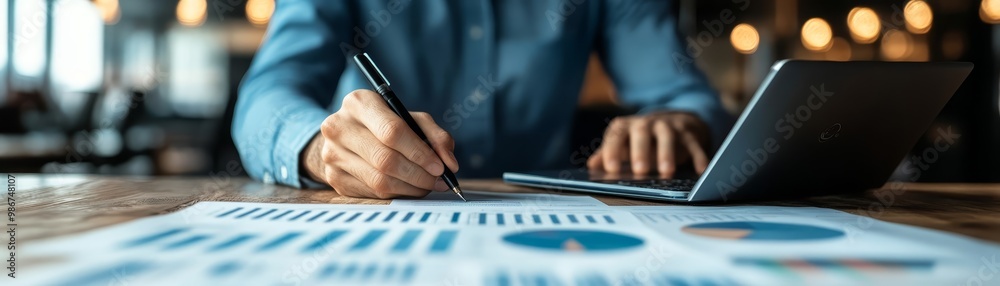 Businessman Analyzing Financial Data with Laptop and Pen Businessman Analyzing Financial Data with Laptop and Pen