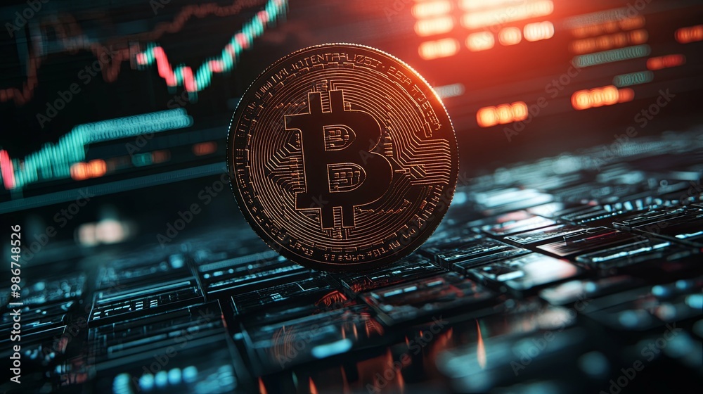 Golden Bitcoin Coin Resting on a Keyboard with a Blurred Stock Chart in the Background Golden Bitcoin Coin Resting on a Keyboard with a Blurred Stock Chart in the Background