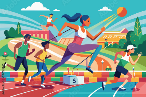 Four athletes are actively participating in various track and field events under a clear sky in a vibrant setting, Customizable flat illustration for track and field.