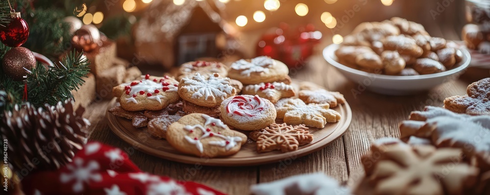Deliciously decorated Christmas cookies on a wooden table, capturing the festive spirit and warmth of the holiday season.
