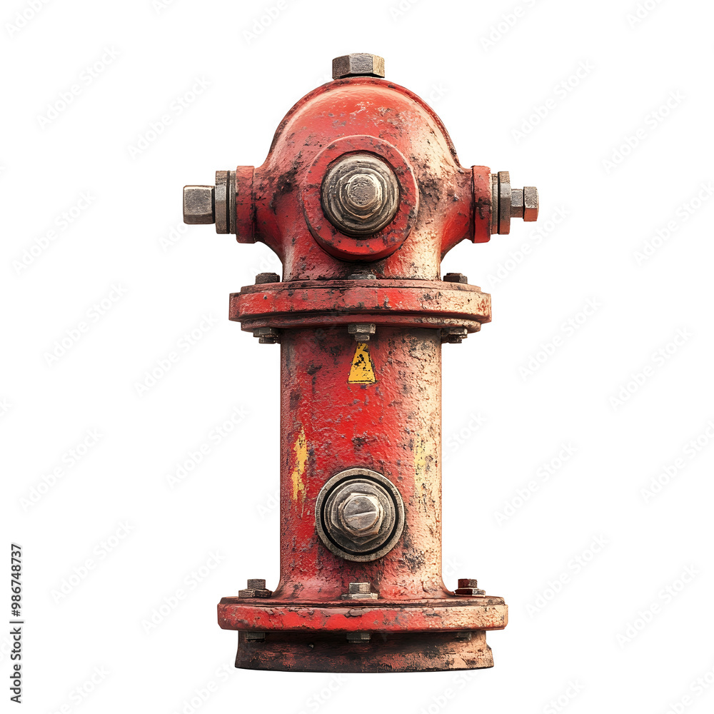 Weathered and Rugged Red Fire Hydrant with Detailed Bolts and Textures on Clean White Background Weathered and Rugged Red Fire Hydrant with Detailed Bolts and Textures on Clean White Background