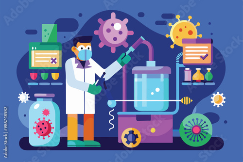 A scientist in a lab coat uses equipment to disinfect viruses in a colorful and modern lab environment, Customizable flat illustration for virus disinfection.