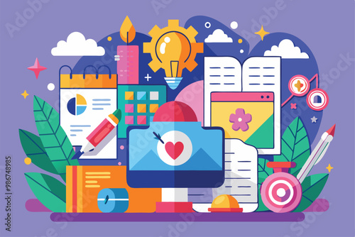 This illustration showcases various tools and symbols for inspiration and goal-setting activities, Customizable flat illustration for vision board