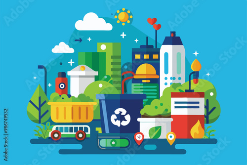 A vibrant illustration showcasing waste management practices in an urban environment with recycling bins, Customizable flat illustration for waste management.