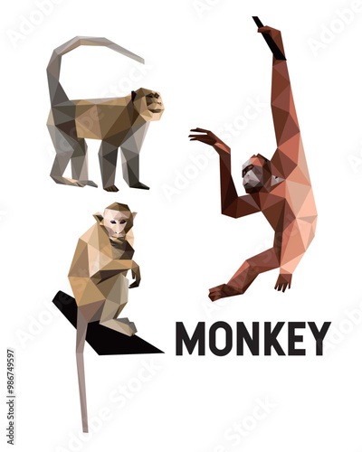 Monkey orang utan animal in Polygonal Low Poly Vector. Illustration abstract vector of Monkey. Perfect for kids book animal
