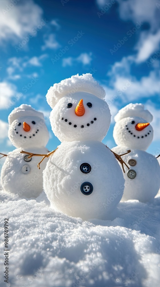Happy snowman family with a bright blue winter sky Happy snowman family with a bright blue winter sky