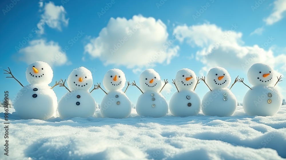 Happy snowman family with a bright blue winter sky Happy snowman family with a bright blue winter sky