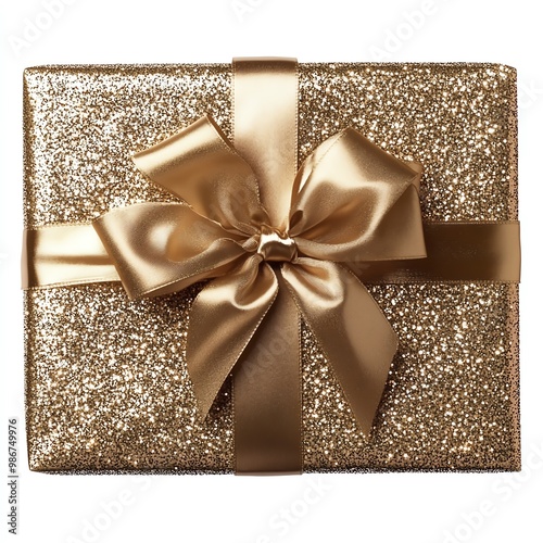 Glittery goldwrapped Christmas gift, large satin bow, elegant and festive, isolated on white background photo