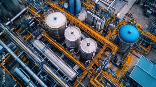 Aerial view of an industrial facility showcasing large storage tanks and extensive piping, highlighting modern manufacturing processes.