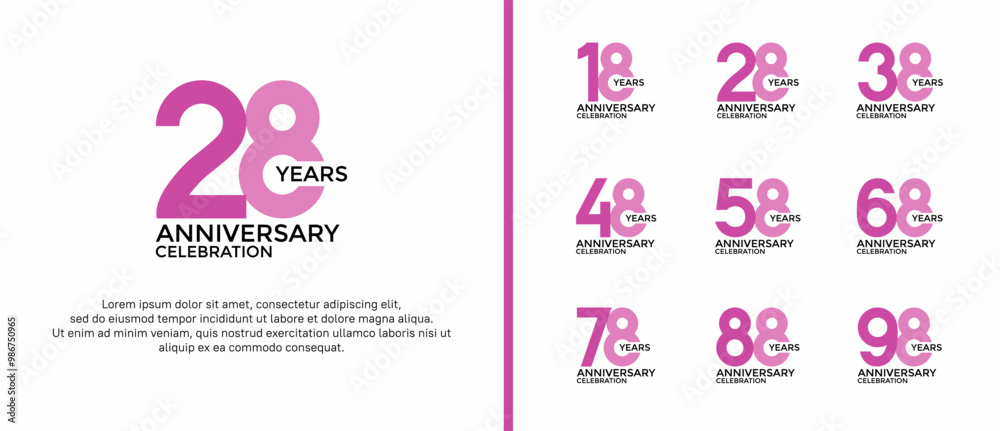 Naklejka premium set of anniversary logo flat purple and pink color on white background for celebration moment