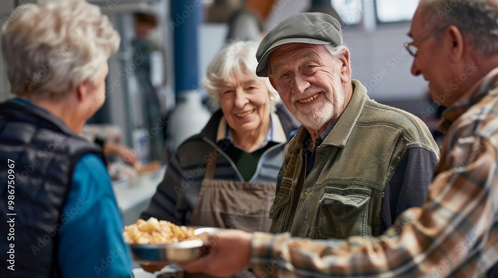 Senior couple serving meals at a homeless shelter, sharing warm greetings Senior couple serving meals at a homeless shelter, sharing warm greetings