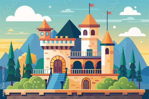 A delightful castle features a balcony overlooking majestic mountains and vibrant greenery below, Customizable flat illustration of a balcony castle