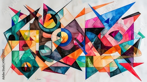 Vibrant abstract watercolor painting featuring geometric shapes in a dynamic composition. The painting showcases a blend of triangles, circles, and squares, creating a sense of movement and depth.