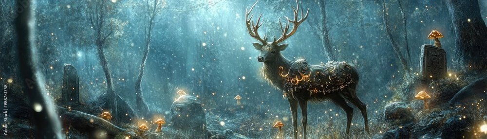 A majestic deer stands in a mystical forest, illuminated by soft lights, creating a serene and enchanting atmosphere. A majestic deer stands in a mystical forest, illuminated by soft lights, creating a serene and enchanting atmosphere.