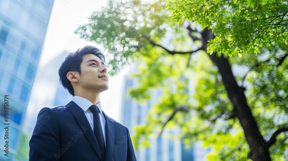 Young Businessman Looking Up At Tree In Urban Environment Young Businessman Looking Up At Tree In Urban Environment