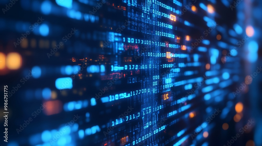 Abstract Digital Data Flow Binary Code with Blue and Orange Lights Abstract Digital Data Flow Binary Code with Blue and Orange Lights