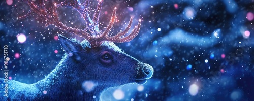 A majestic deer in a snowy landscape, illuminated by ethereal lights, creating a magical and serene winter scene.