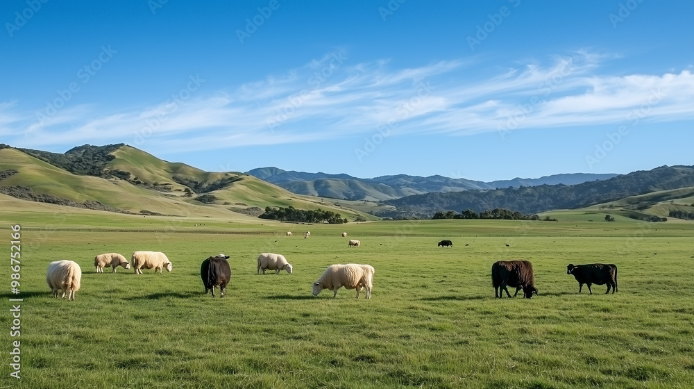 Group of Livestock Animals Grazing in a Field Group of Livestock Animals Grazing in a Field