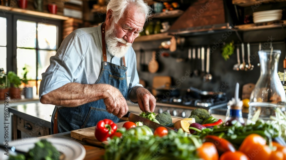 Senior man chopping vegetables for a healthy dinner in a modern kitchen Senior man chopping vegetables for a healthy dinner in a modern kitchen