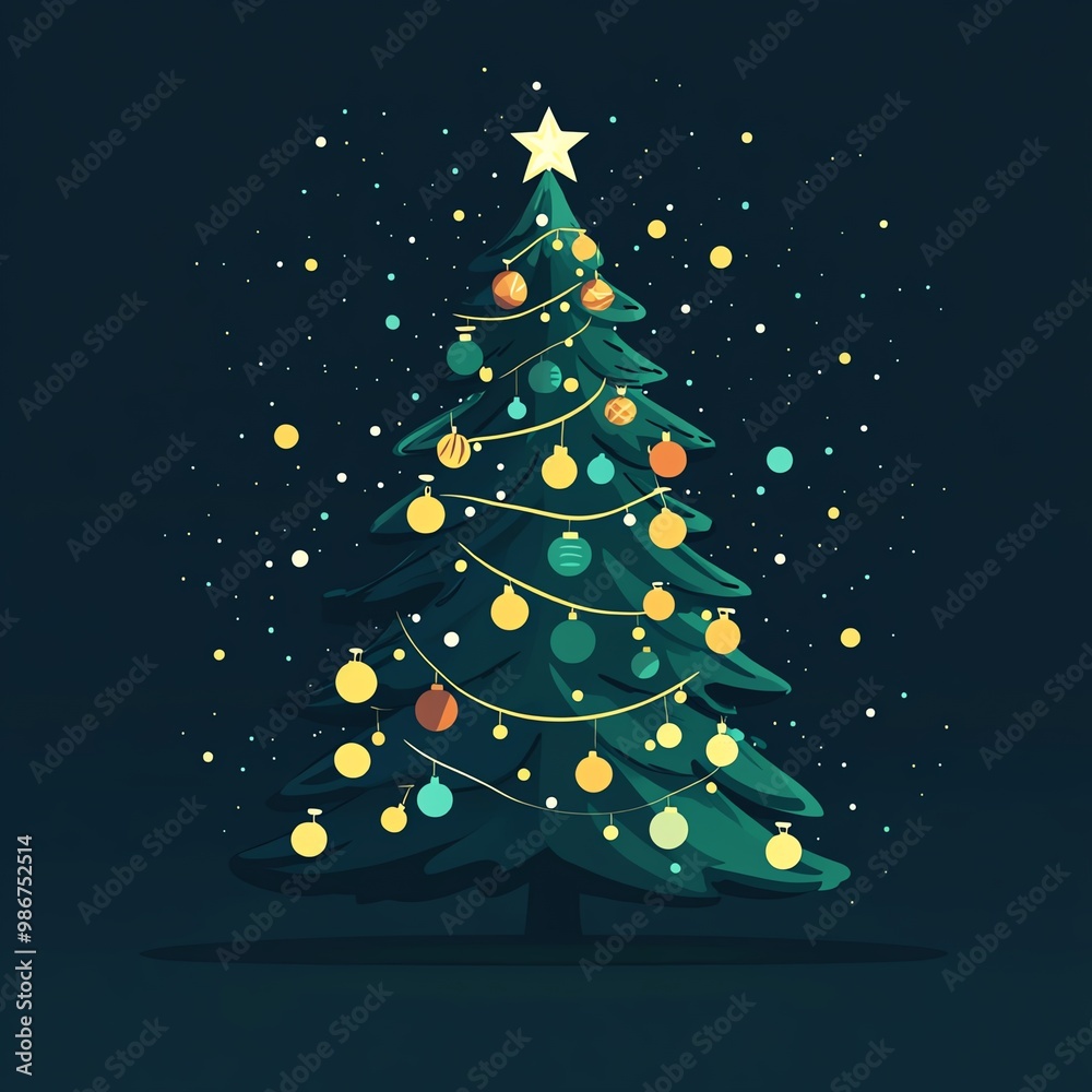 Sparkling Christmas tree with fairy lights, flat design illustration Sparkling Christmas tree with fairy lights, flat design illustration