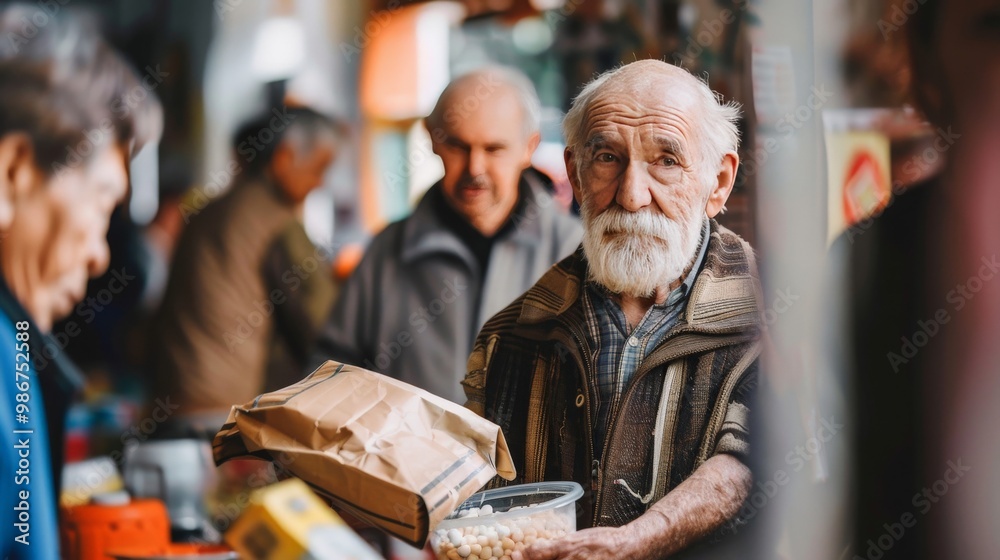 Senior man distributing food at a religious charity event Senior man distributing food at a religious charity event