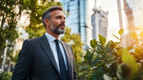Wallpaper Mural Confident Businessman in Suit Looking Up at Cityscape with Green Plants Torontodigital.ca