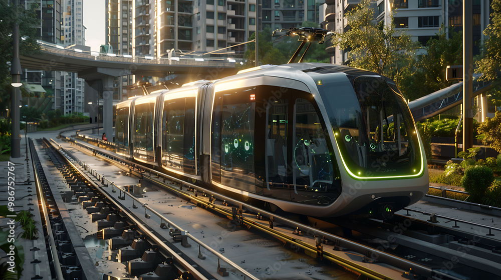 Obraz premium Modern light rail vehicle traveling on elevated tracks through a dense urban cityscape during sunset, showcasing efficient public transportation in a smart city environment.