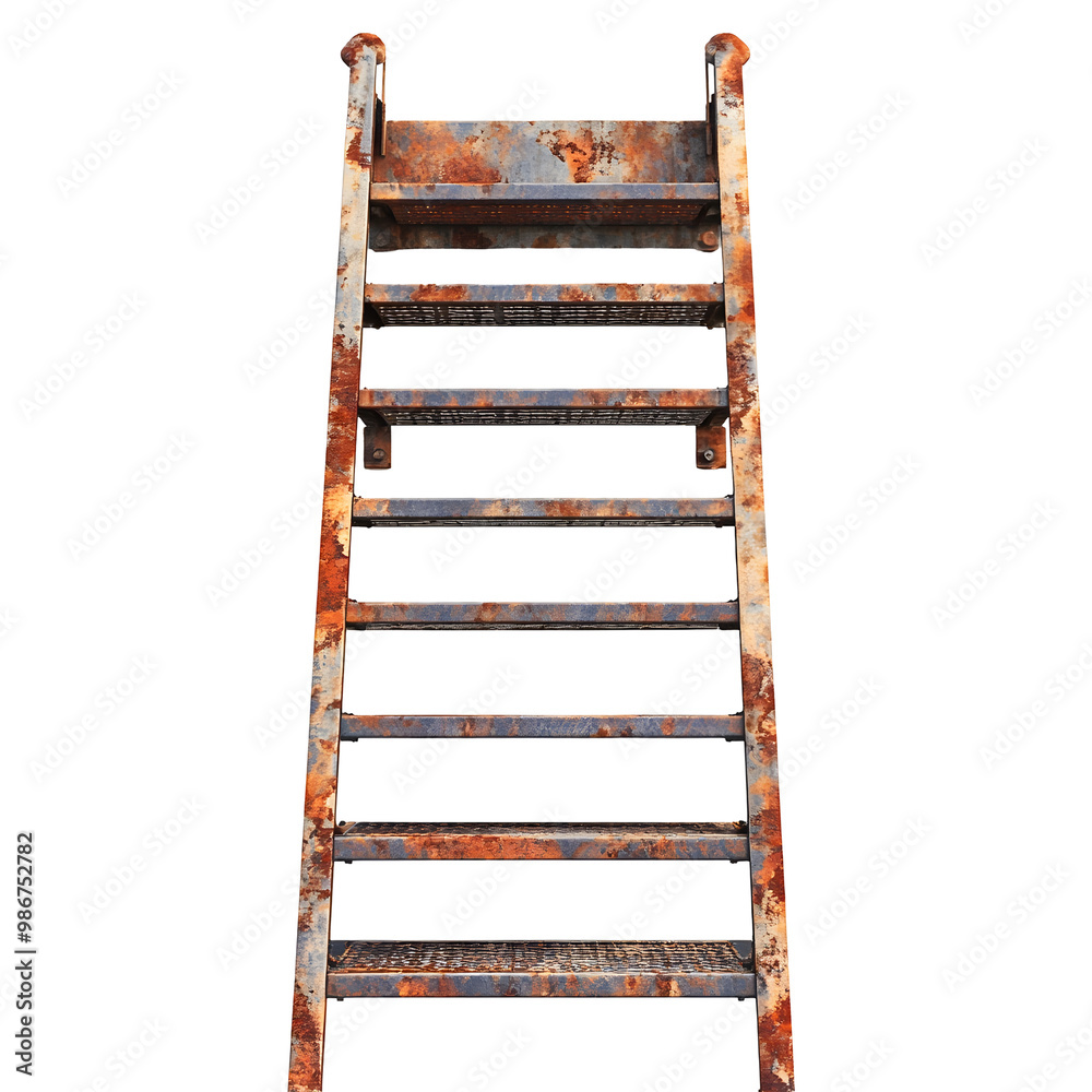 Weathered Fire Escape Ladder with Rusty Metal Steps Against White Background Weathered Fire Escape Ladder with Rusty Metal Steps Against White Background