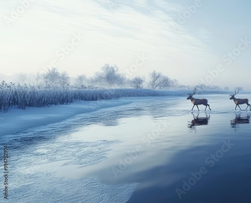 A serene winter landscape featuring a group of deer gracefully walking near a frozen pond under a clear, icy blue sky.