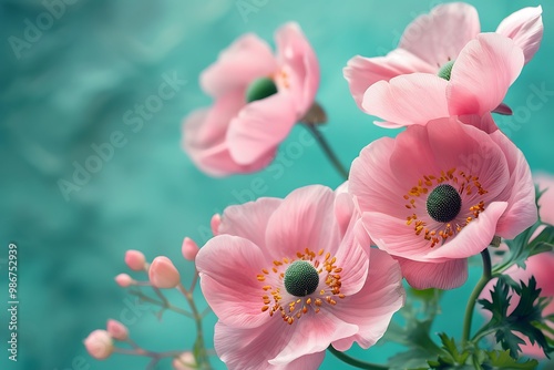 Beautiful pink poppies on blue background. Floral design