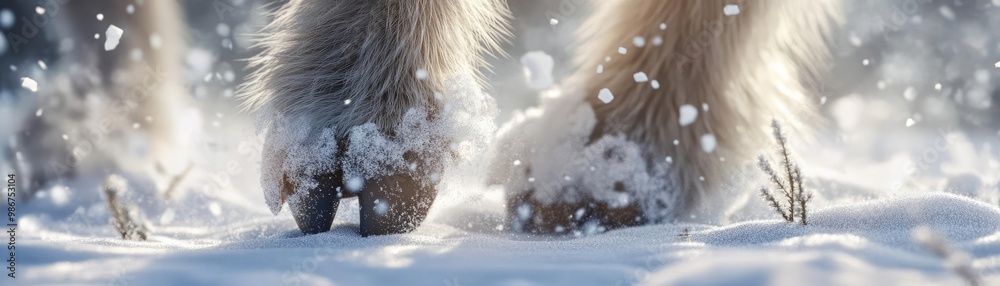Close-up of hooves in fresh snow, capturing the beauty of winter and nature's serene landscape, perfect for animal-themed projects.