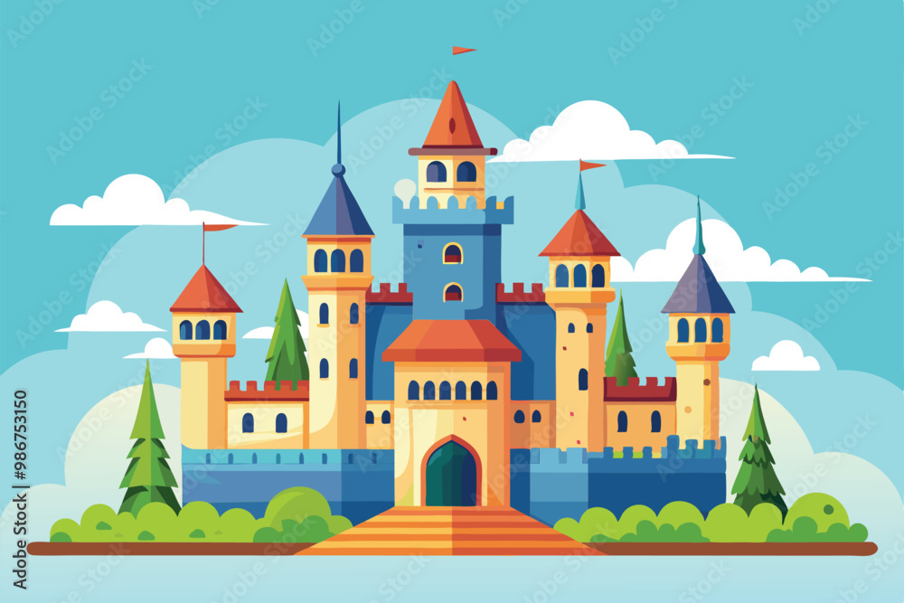 A vibrant castle with towers and flags is set against a cheerful blue sky, surrounded by green trees, Customizable flat illustration of a castle A vibrant castle with towers and flags is set against a cheerful blue sky, surrounded by green trees, Customizable flat illustration of a castle