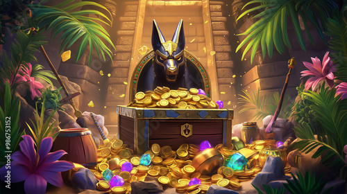 The Anubis wrath slot game character over the temple with gold coins, game background, Illustration