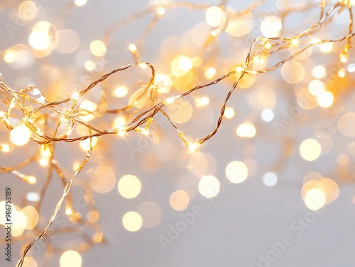 Twinkling gold and silver fairy lights, intricate wire structure, elegant holiday decoration, isolated on white background